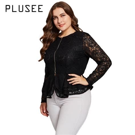 Buy Plusee New Women Plus Size Lace Jacket Long Sleeve Black Zipper Hollow Slim