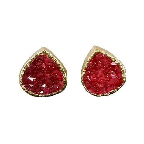 Stone Stud Mm Heart Shape Natural Druzy Red Color Dyed Gold Vermeil