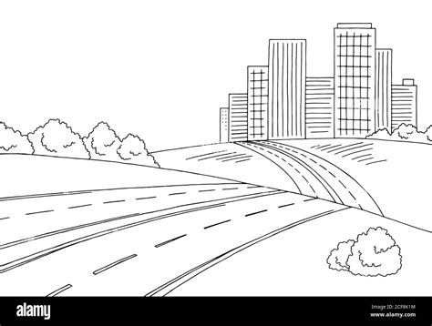 Carretera Ciudad Gráfico Negro Blanco Paisaje Dibujo Ilustración Vector