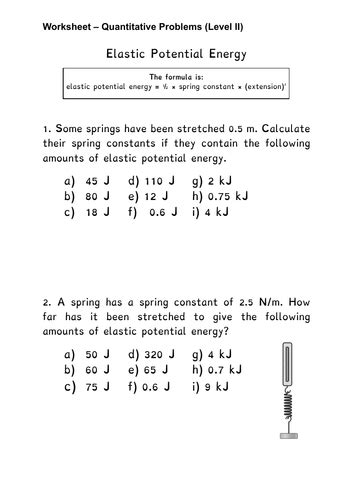 Elastic Potential Energy Calculation Sheets Teaching Resources