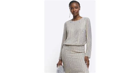 River Island Gold Iridescent Sequin Long Sleeve Top In Gray Lyst