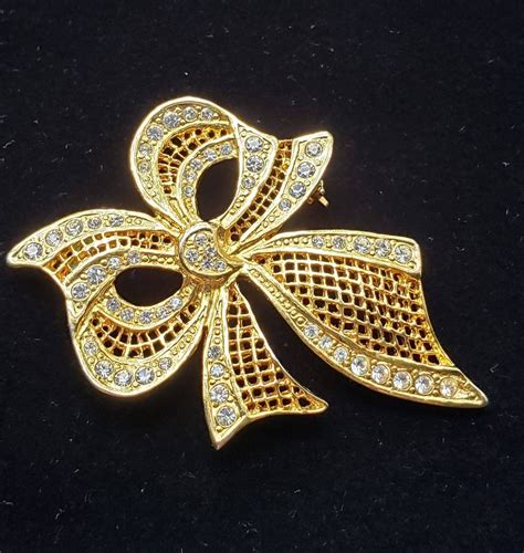 Vintage Gold Tone Mesh Rhinestone Ribbon Bow Brooch Pin Etsy