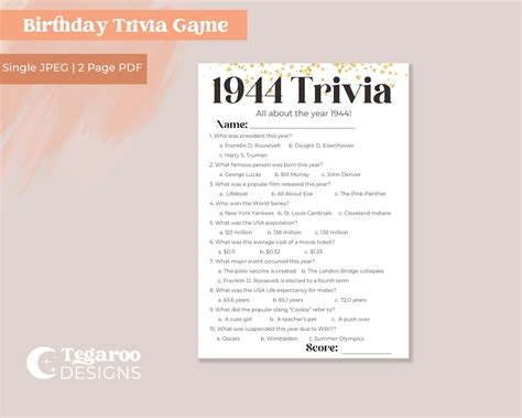 1944 Trivia 80th Birthday Trivia Game 80th Birthday Activity Birthday ...