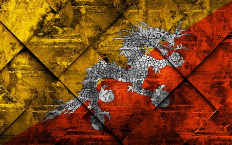 Download Wallpapers Flag Of Bhutan 4k Grunge Art Rhombus Grunge