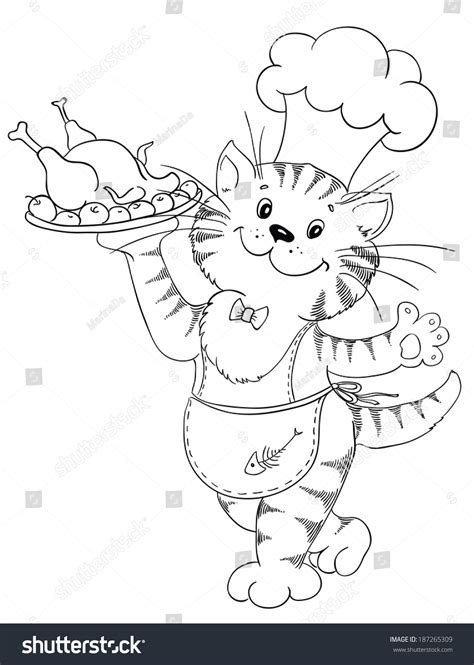 Cartoon Cat Chef Grilled Chicken On Ilustrações Stock 187265309