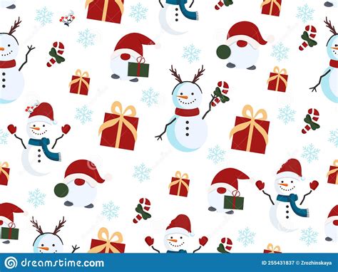 Seamless Vector Christmas Pattern With Snowman Gnome And Gift White