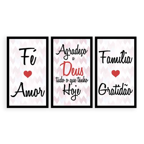 Kit 3 Quadros Decorativos Grandes Frase Deus Família Gratidão Quero