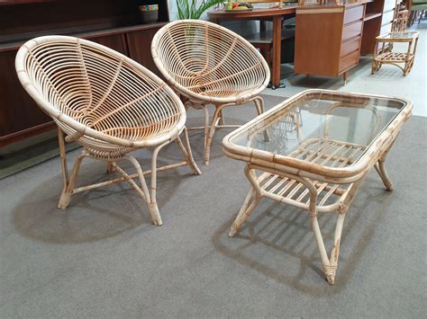 Vintage Retro Bamboo Cane Chairs Table Hilton And Main