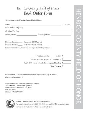 Fillable Online Henrico County Field Of Honor Book Order Form Fax Email