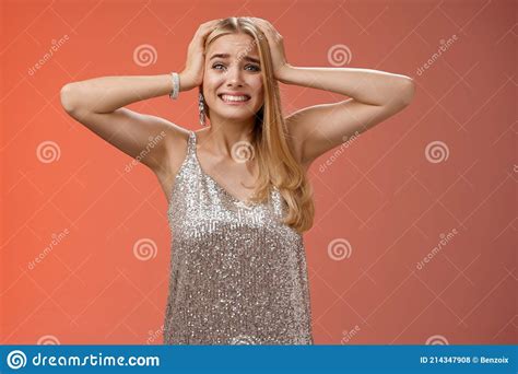 Concerned Freak Out Panicking Funny Blond Girl Gasping Pop Eyes Drop Jaw Pointing Left Shocked