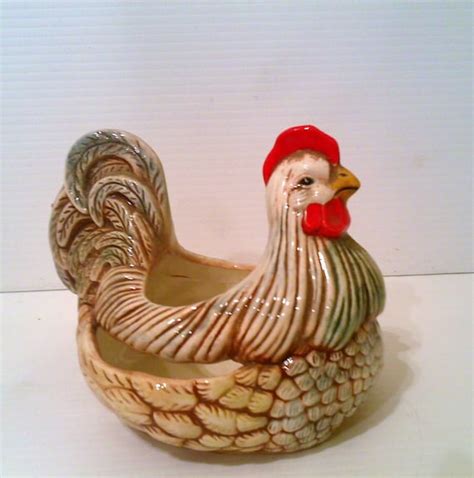 Vintage 1980s Glazed Ceramic Chicken Hen Planter