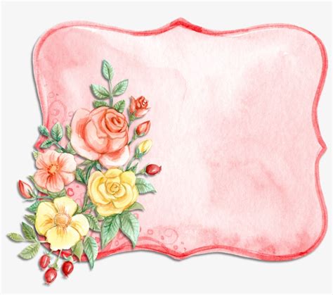 Label Watercolor Pink Rose Yellow Flower Bouquet Label Png