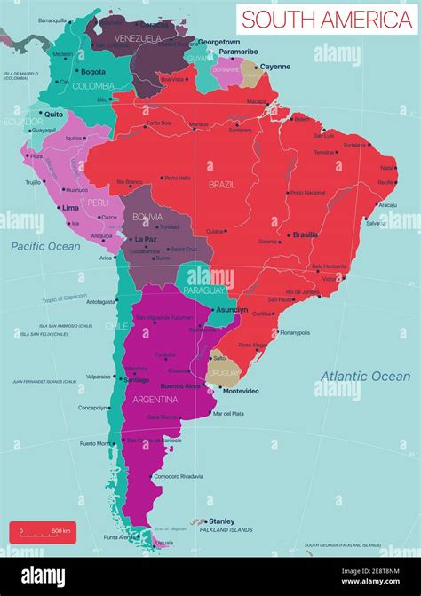 South America detailed editable map with countries capitals cities and ...
