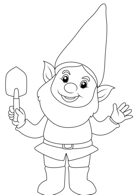 Coloriage Gnome souriant avec une pelle dessin gratuit à imprimer