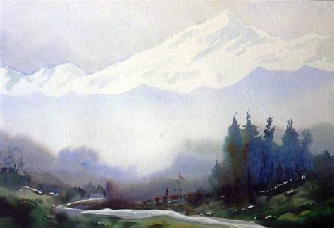 Himalayan Peaks Landscape Watercolor On Paper Painting Painting By