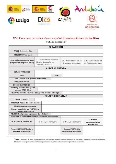 Ficha De Inscripci N Copia Xvi Concurso De Redacci N En