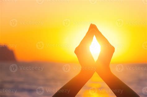 International Yoga Day Concept Raised Hands Catching The Sun In The