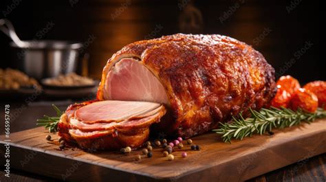 glazed sliced ham on dinner table for Thanksgiving Christmas Holiday ...