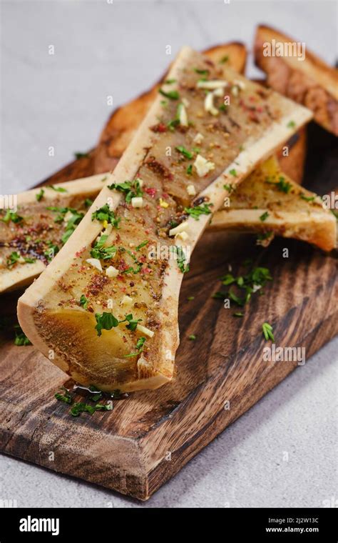 roasted beef bone marrow closeup stock photo alamy