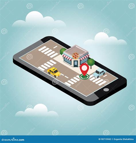 Isometric City Pizzeria Food Delivering Mobile Searching Geo