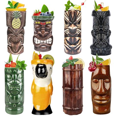 Buy LINALL Tiki Mugs Cocktail Set Of 8 Ceramic TIKI Mugs Hawaiian