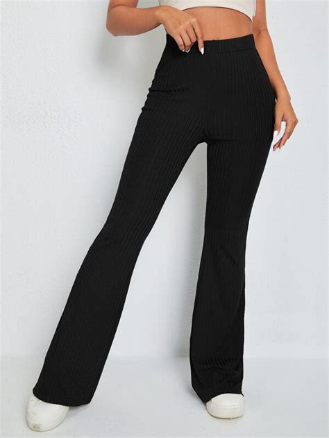 Shein Ezwear Pantalones Acampanados Unicolor Tejido De Canalé Moda De Mujer Shein México