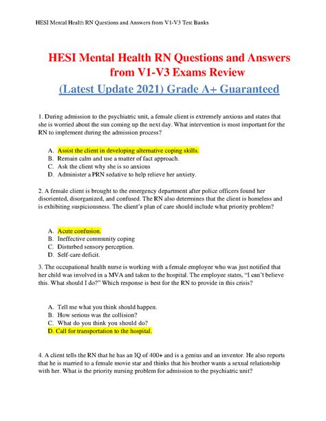 Hesi Mental Health Rn Questions And Answers From V1 V3 Exams Review Latest Update 2023 Grade A