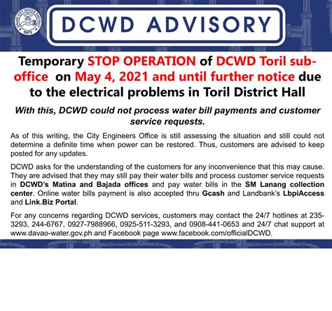 Dcwd Advisory Temporary Stop Operation Of Dcwd Toril Sub Office On May