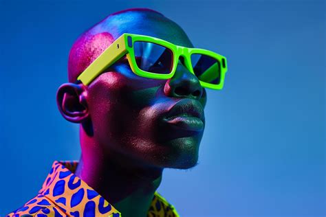 Handsome Male Model in Neon Green eyewear with Neon Blue Background