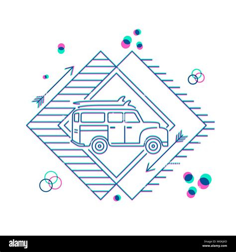 Retro Surfer Icon Design In Flat Line Art Style With Car Van Taking