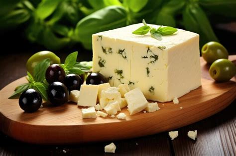 Premium AI Image | Feta cheese with olives and basil on a chopping ...