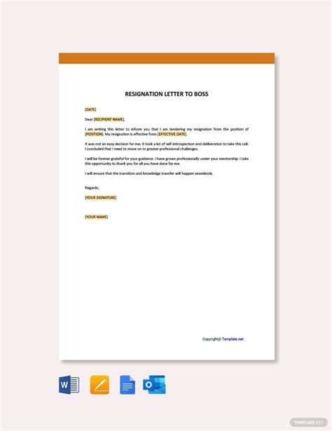 Resignation Letter to Boss in Google Docs, Pages, Outlook, PDF, Word ...