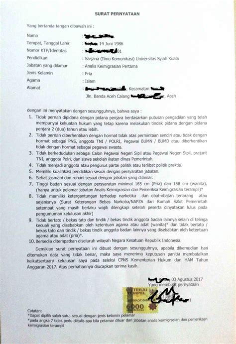 Contoh Surat Pernyataan Untuk Cpns