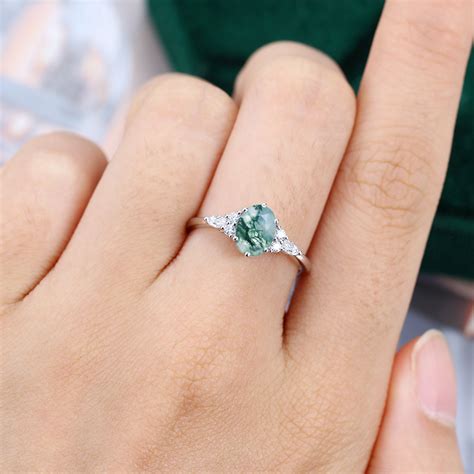 Oval Cut Moss Agate Engagement Ring With Moissanit Diamond Cluster Side