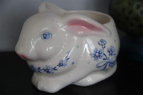 Vintage Rabbit Planter Vintage Ceramic Rabbit Planter Blue And Etsy