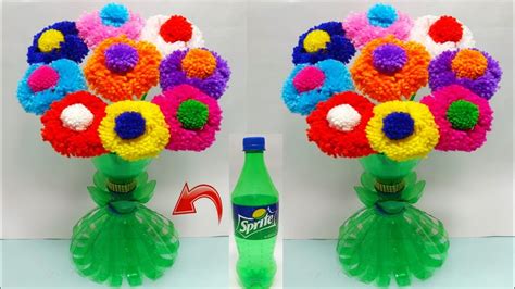 बची हुई ऊन से बनाये आसान गुलदस्ता Diy Very Easy Woolen Flower Craft Plastic Bottle Vase Craft