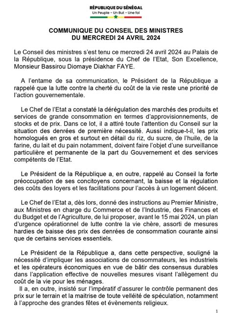 Communiqué Du Conseil Des Ministres Du Mercredi 24 Avril 2024