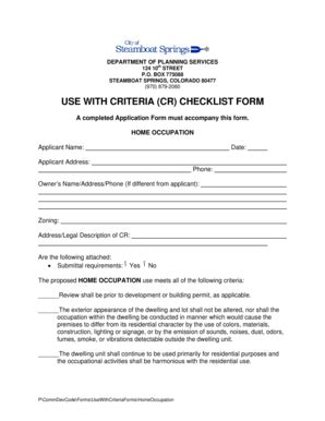 Fillable Online Steamboatsprings USE WITH CRITERIA CR CHECKLIST FORM