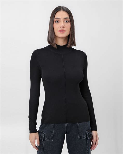 Riachuelo Blusa Feminina Ajustada Tais Em Tricot Manga Longa Preto