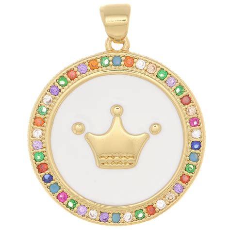 Pendentif rond avec zircons résine époxy 25x23 mm motif couronne