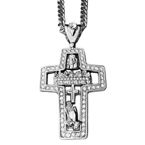 Mens Huge See Through Combo Cross Pendant Necklace Jesus Last Supper