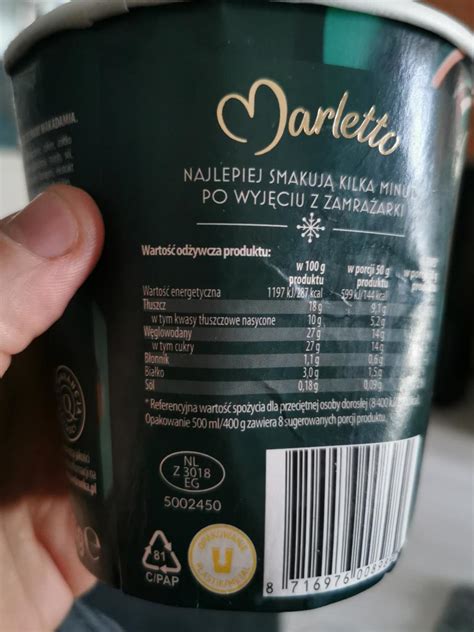 Lody Marletto Wanilia orzech makadiam kalorie kJ i wartości odżywcze