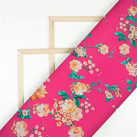 Hot Pink And Pastel Orange Floral Pattern Digital Print Crepe Silk Fab Fabcurate