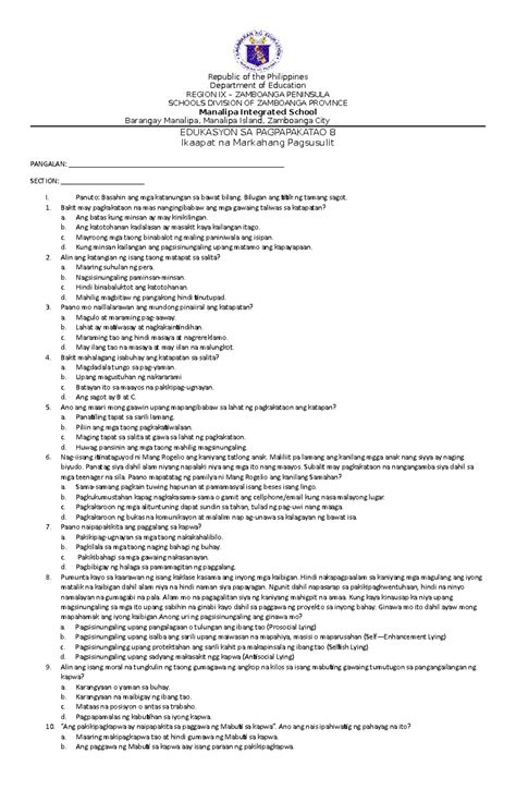 Diagnostic TEST ESP 8 - Republic of the Philippines Department of