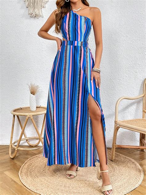 SHEIN VCAY Impressão Listrada Um Ombro Split Thigh Vestido