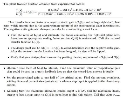 Solved The Plant Transfer Function Obtained From