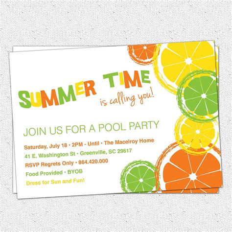 Citrus Invitation Summer Pool Party Lemon Lime Orange