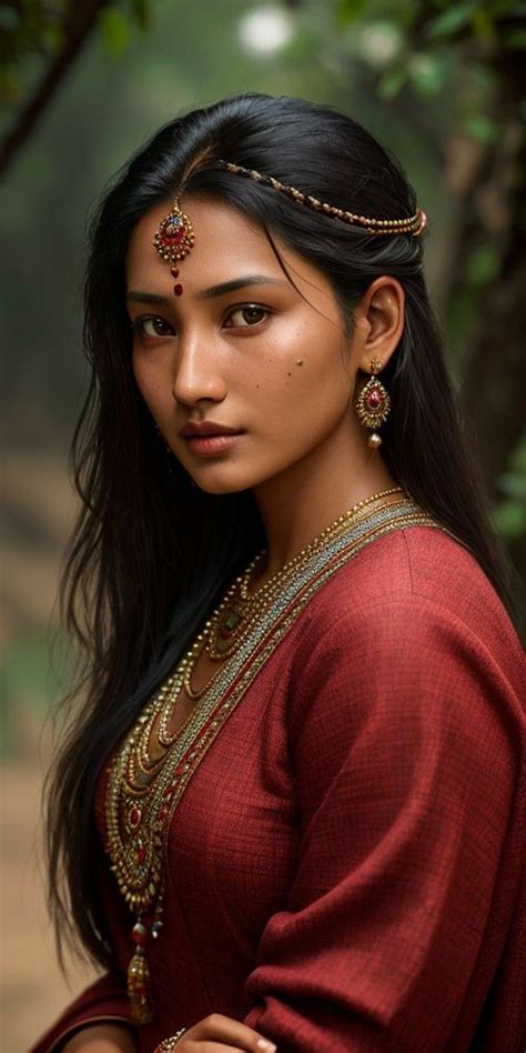 A Woman With Long Black Hair Wearing A Red Sari And Gold Jewelry On Her