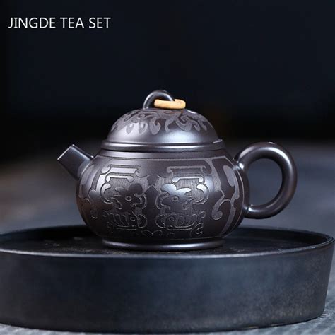 Hand Carving Black Mud Teapot Authentic Yixing Purple Clay Tea Pot