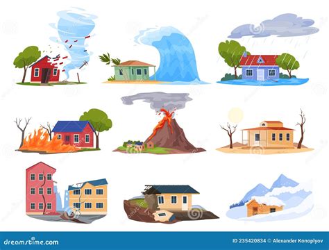 Natural Disasters Set Vector Cartoon Illustration Collection Damage